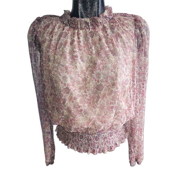 Joie Floral Ruffle Long Sleeve Blouse Pink And Tan Smocked Hemline M - Picture 1 of 6